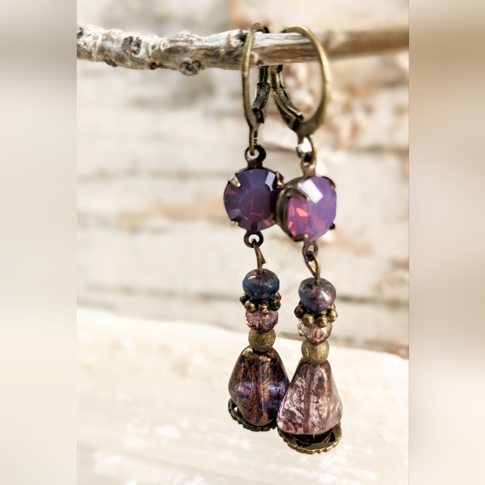 Victorian Purple Amethyst Opal Crystal & Glass Drop Earrings In Brass - Picture 4 of 6